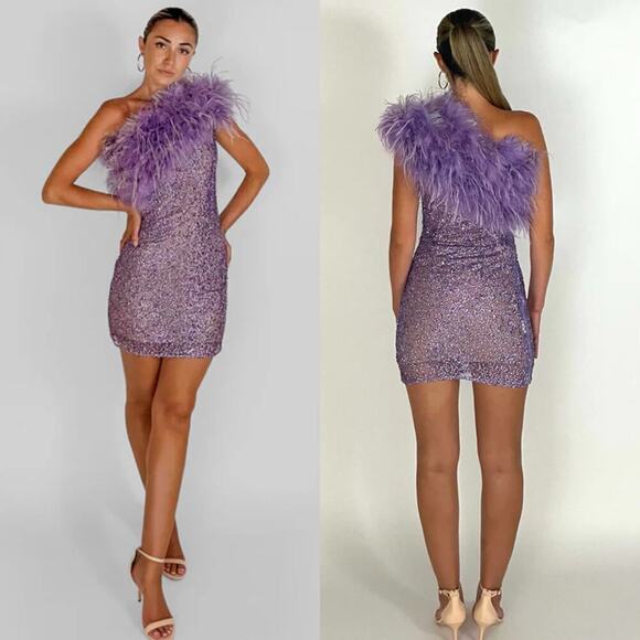 Bronx & Banco Lulu Feather Mini Dress Lilac Purple Sequin Embellished Size 6 - Picture 5 of 12